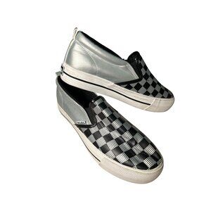 Metallic Silver & Black Checkerboard Slip-On Sneakers Women's Size 9 Casual